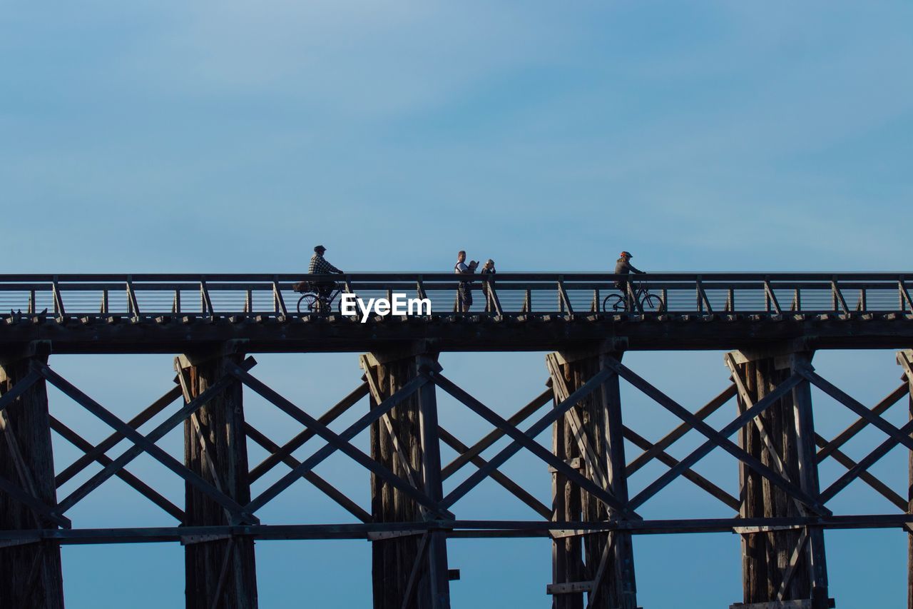 Low angle view of people on bridge against clear sky