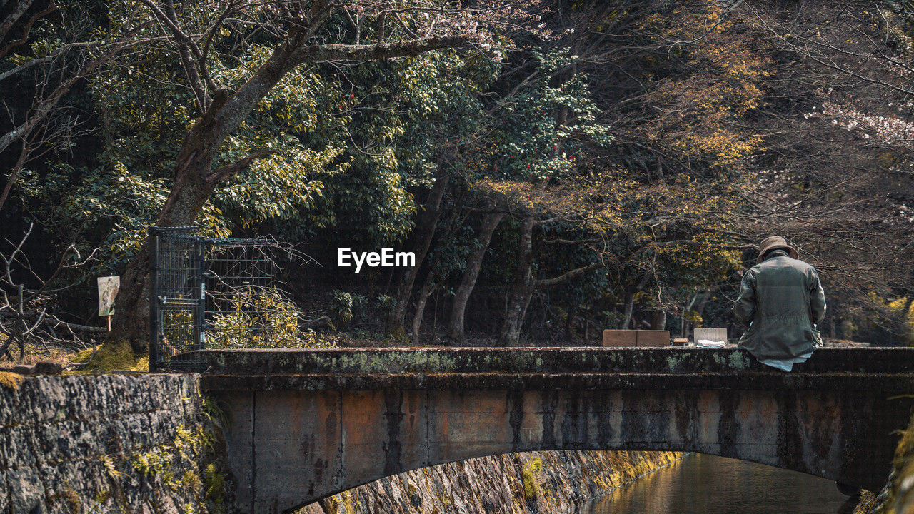 tree, plant, autumn, nature, water, bridge, reflection, architecture, one person, day, built structure, river, men, rear view, forest, railing, outdoors, lifestyles, leisure activity, adult, full length, growth, standing, beauty in nature, person, tranquility, branch