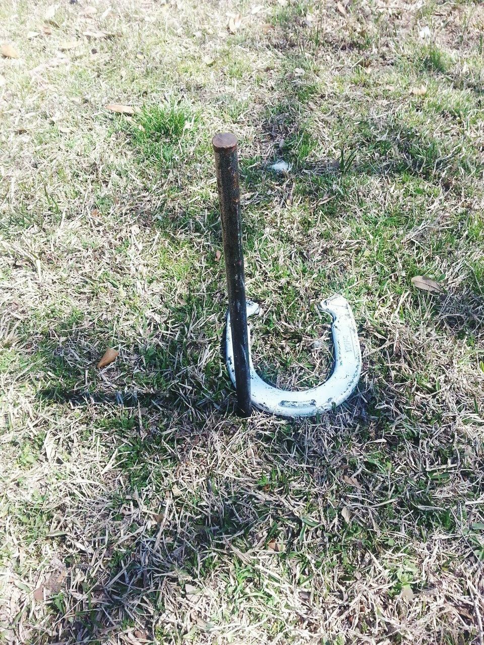 High angle view of horseshoe and pole on field