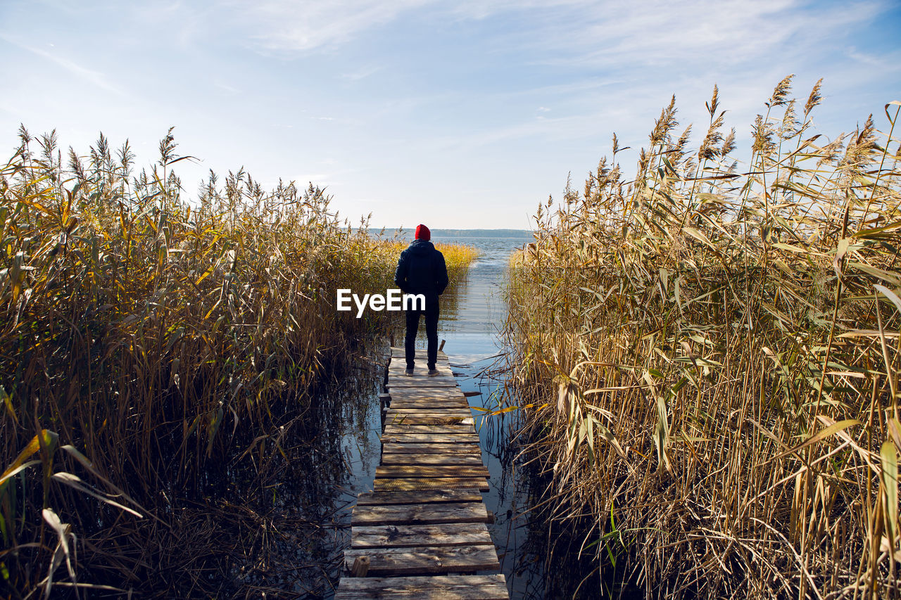 Guy stands on an old pier in the grass by the lake on an autumn day