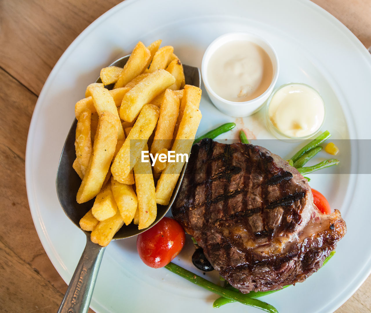 High angle view of food in plate served on table