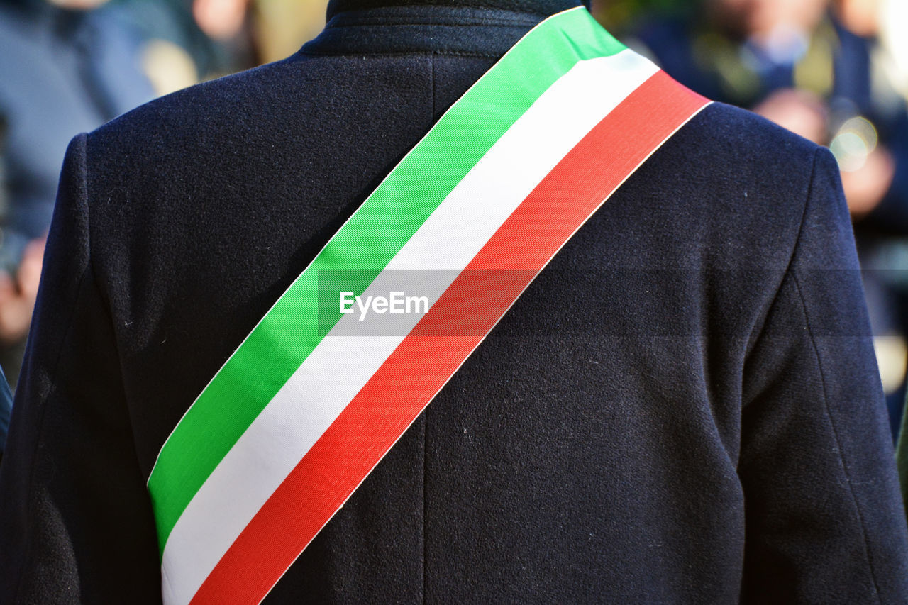 Mayor's sash with the Italian tricolor. Colors Event Tricolor Tricolore Celebration Ceremony Close-up Clothing Day Flag Italian Italy Mayor Outdoors People Real People Sash  Striped