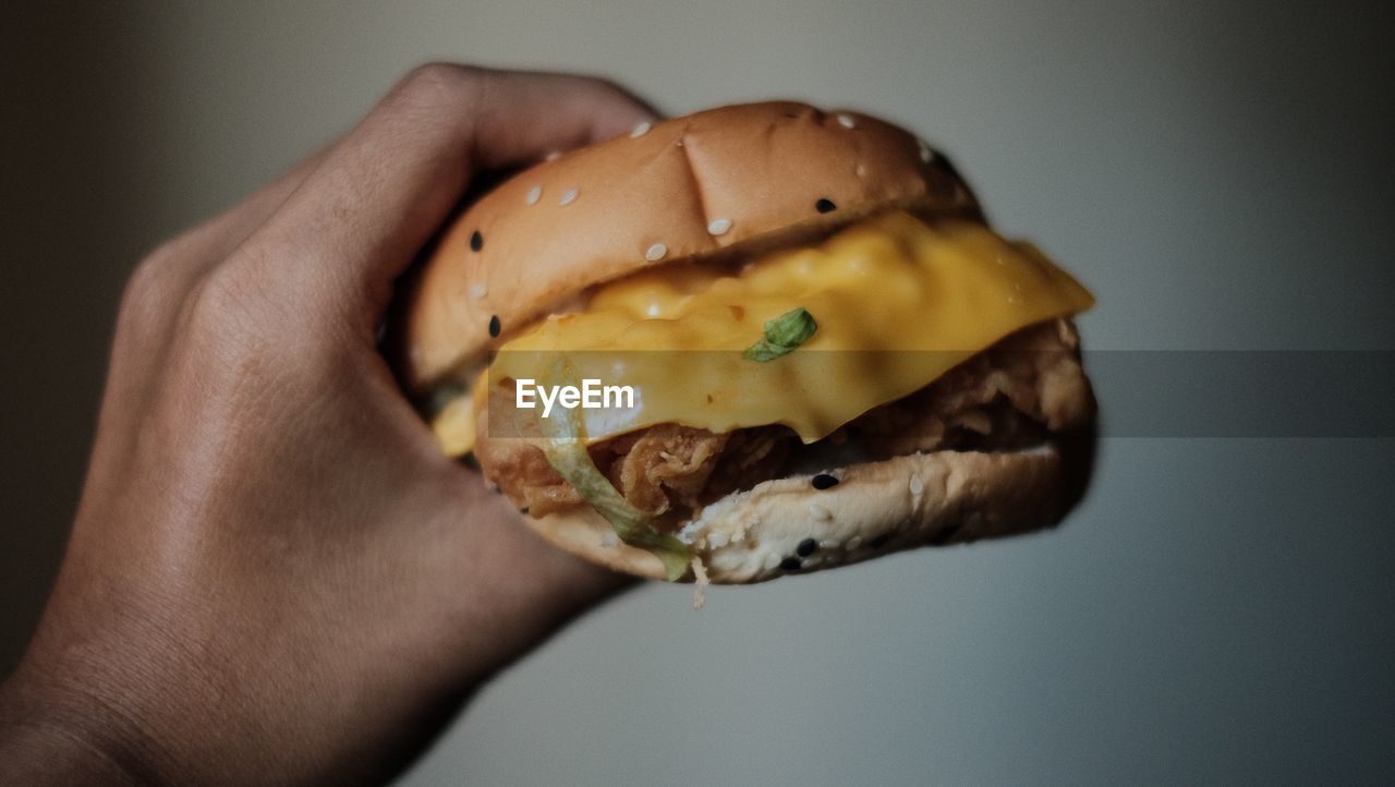 Midsection of person holding burger