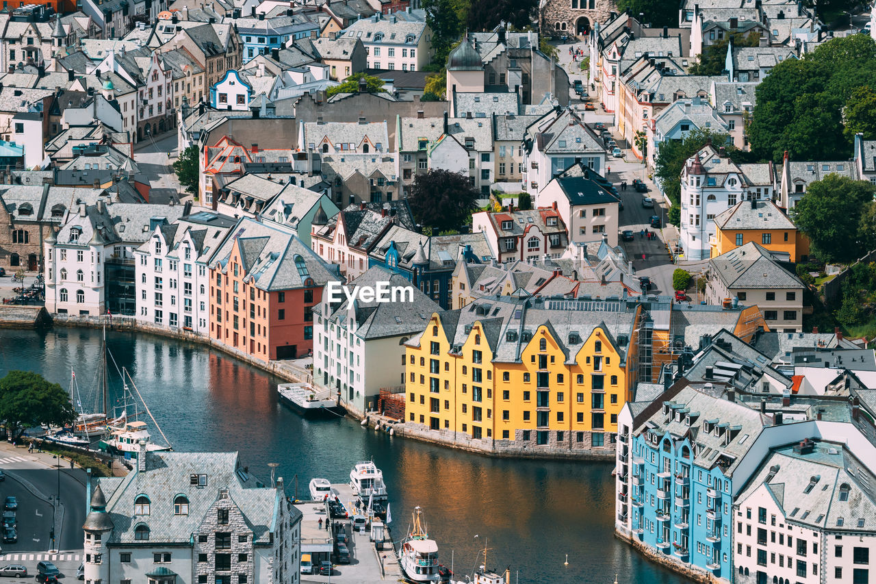 high angle view of buildings in town