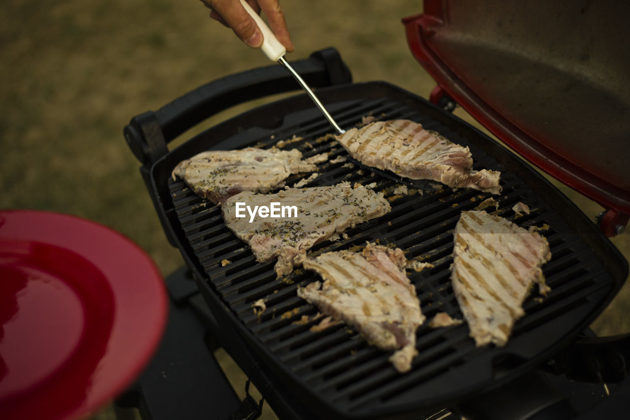 Close-up of meat on barbecue grill