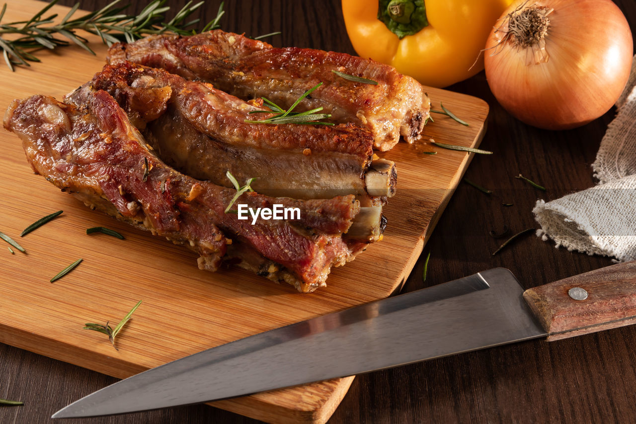 Close-up of meat on cutting board