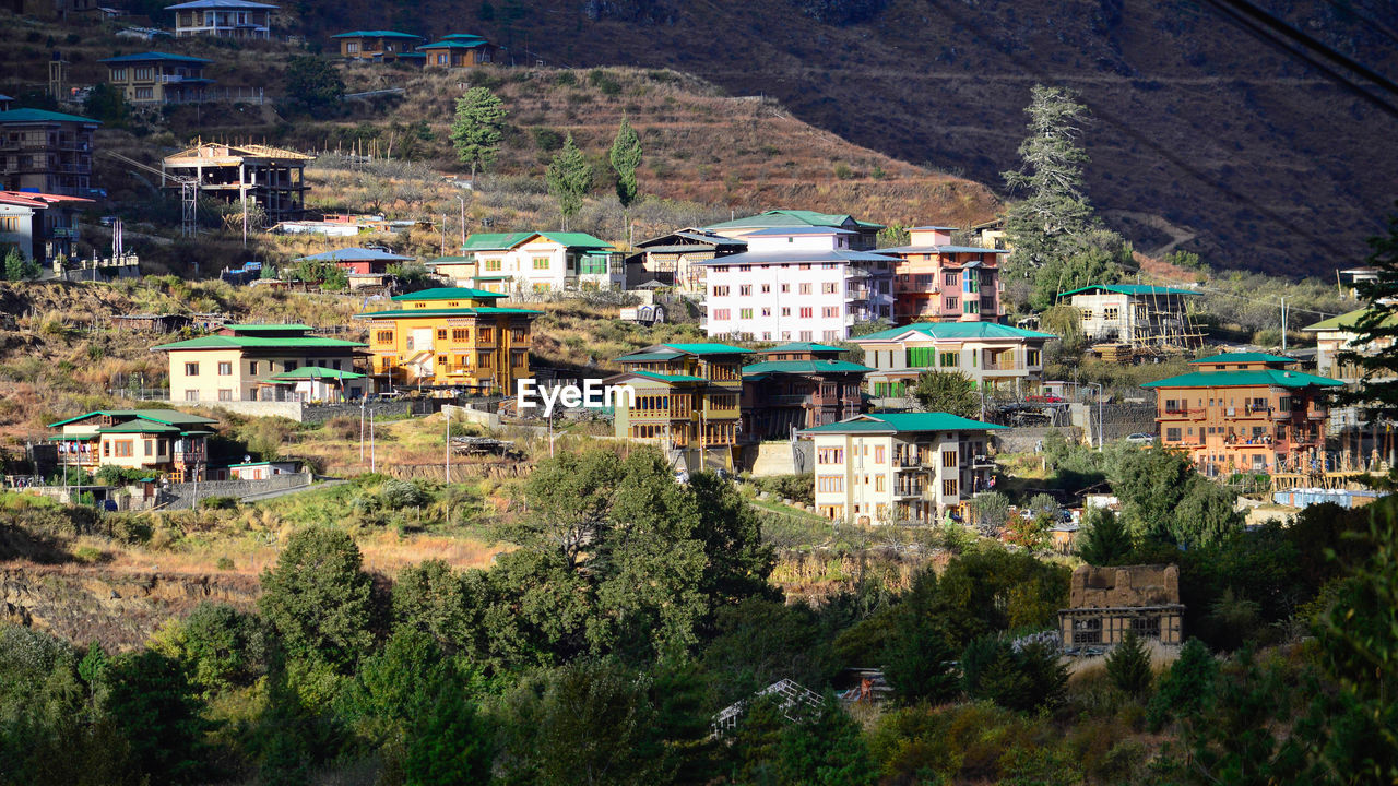 High angle view of buildings in town