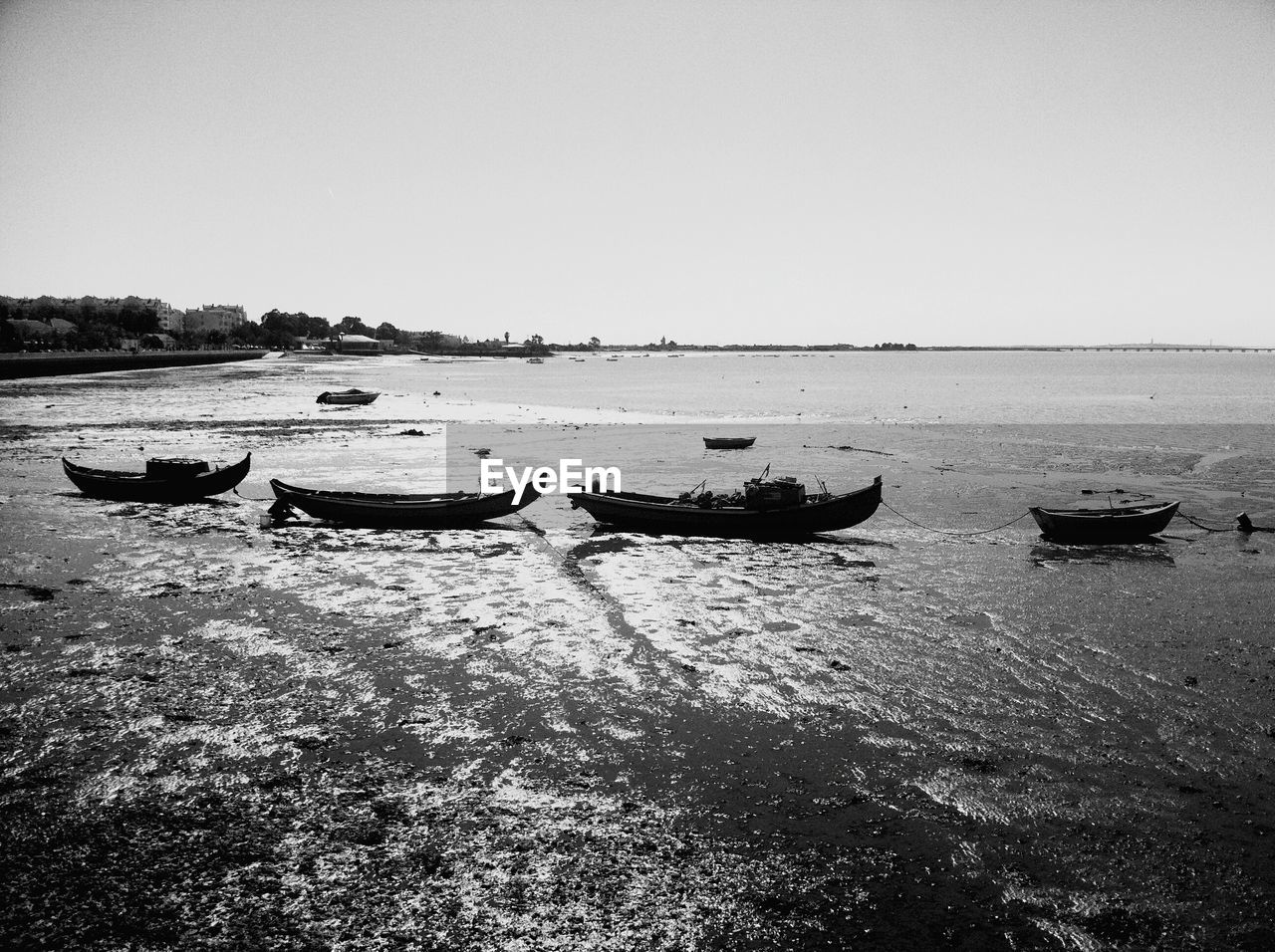 Boats moored at shore against sky