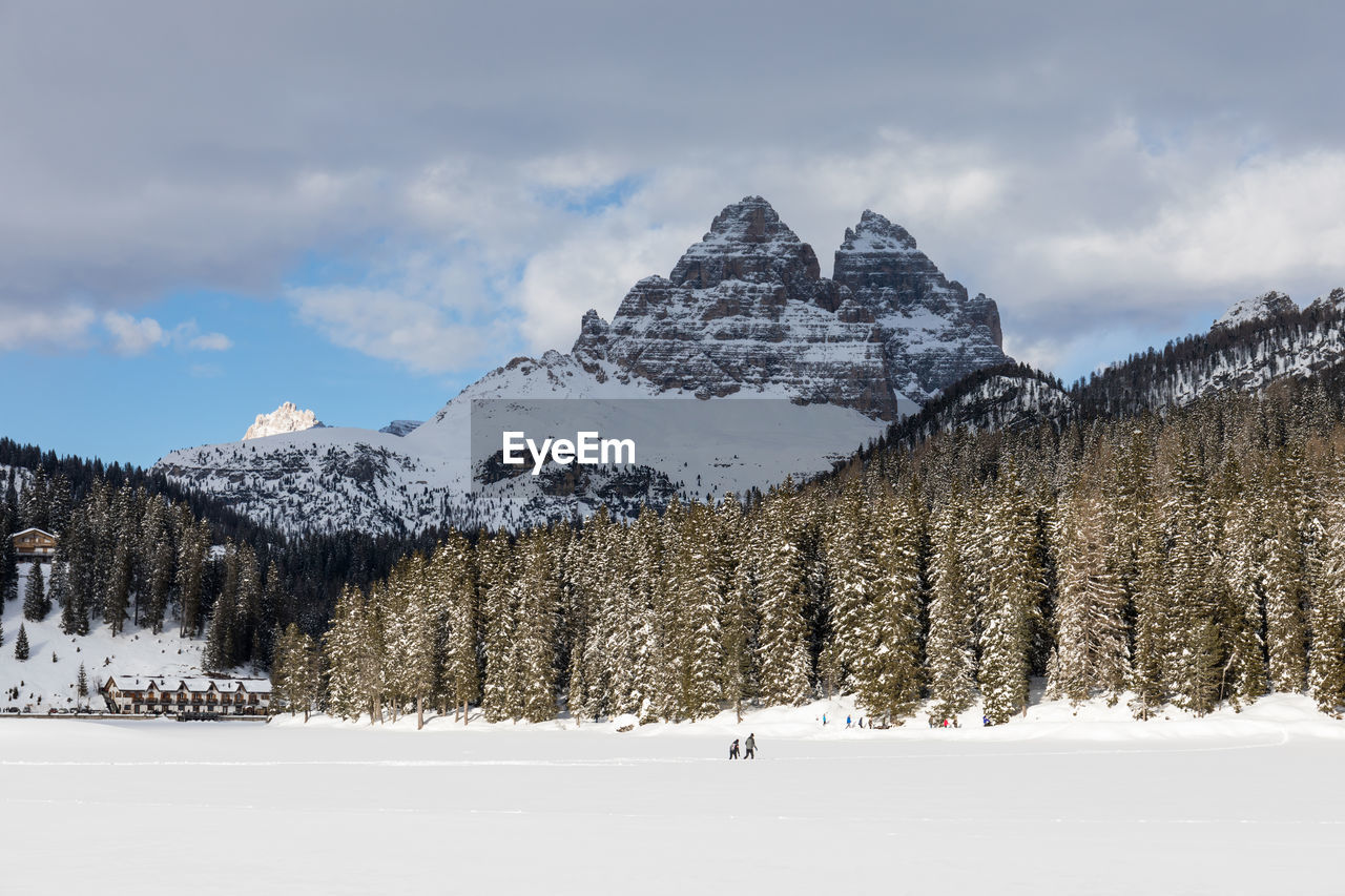 Snow covered land against sky