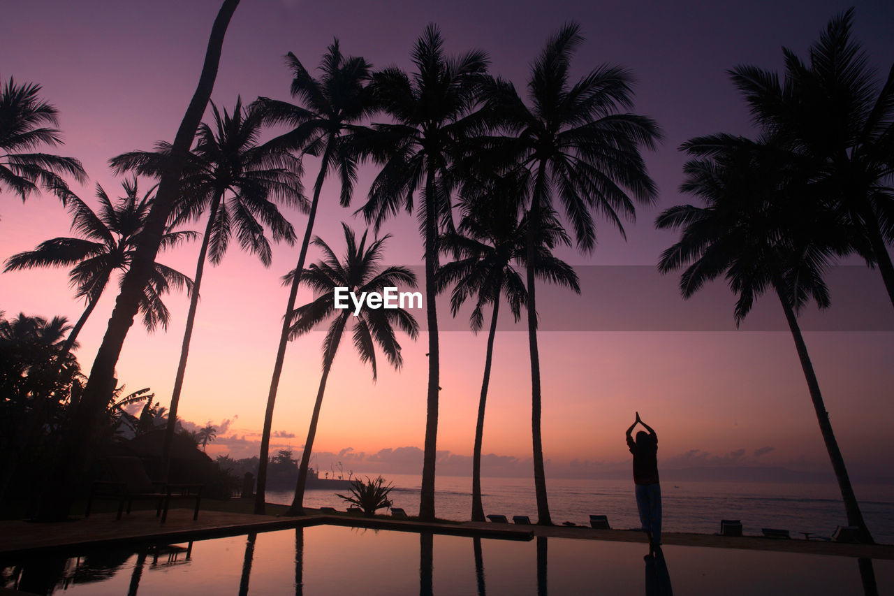 Silhouette palm trees on beach against romantic sky at sunset