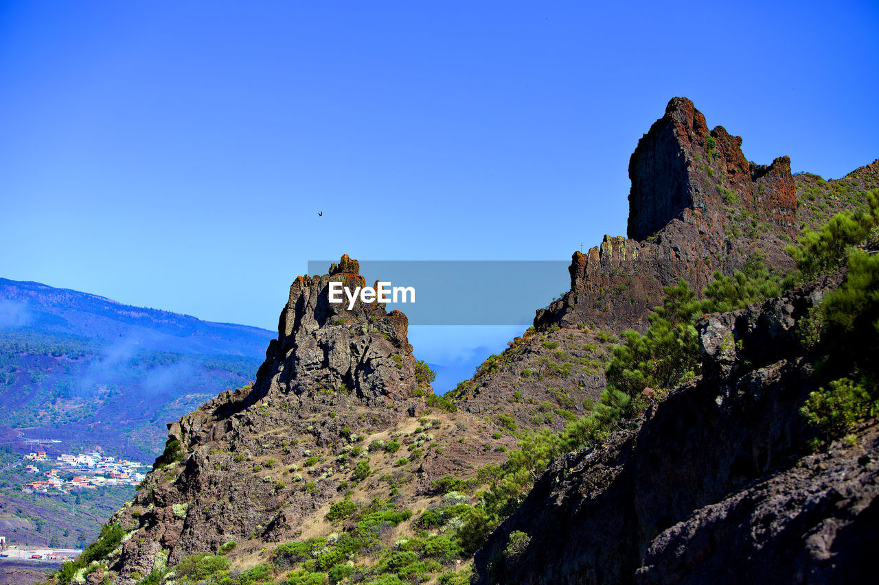 Rock formations against clear blue sky