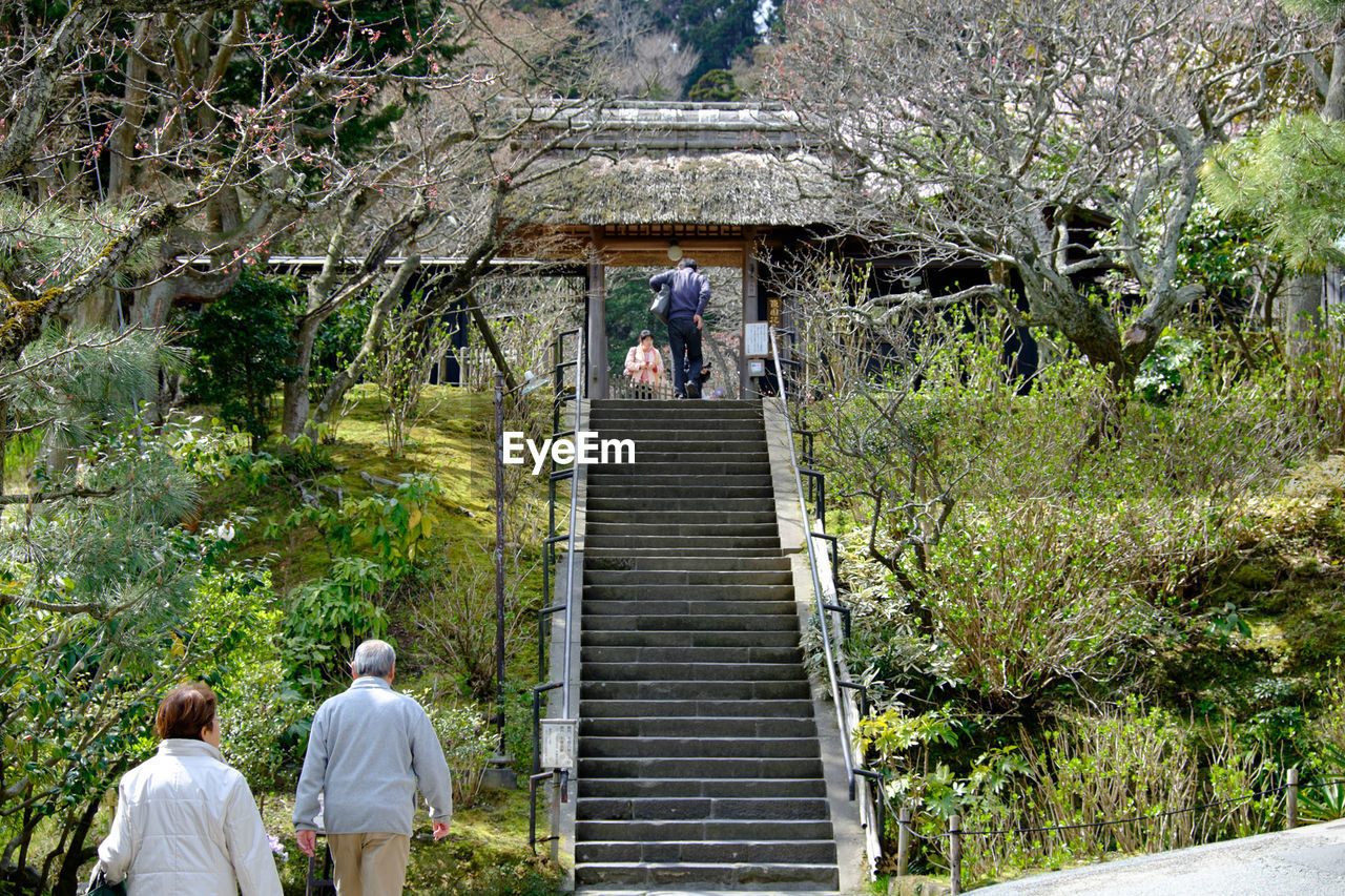 Rear view of people walking towards steps