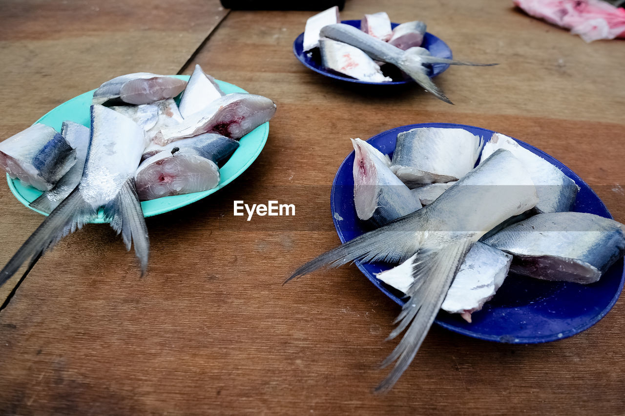 HIGH ANGLE VIEW OF FISH ON PLATE