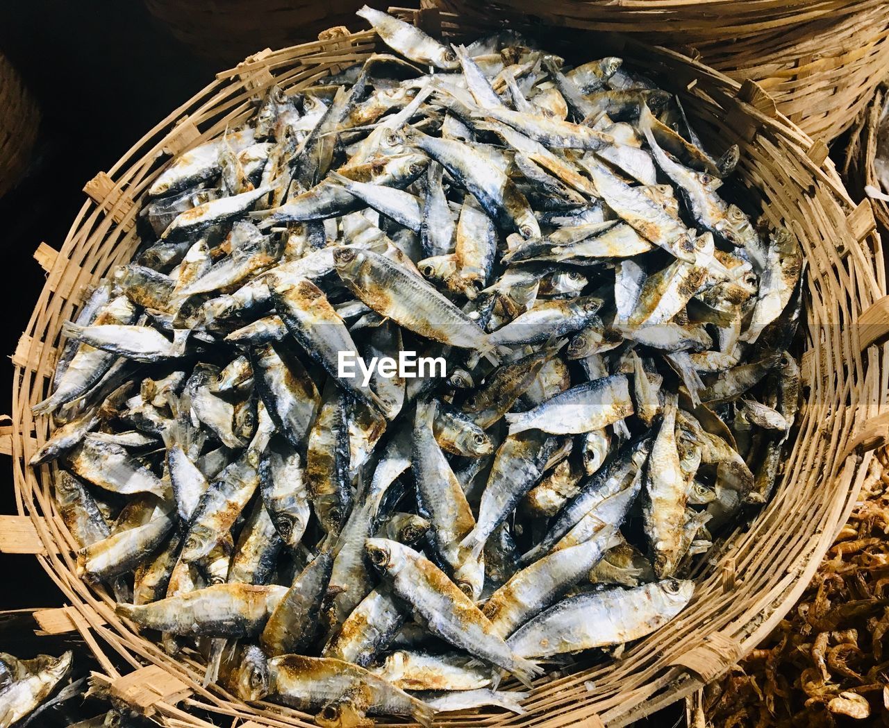 High angle view of dried fish for sale in market