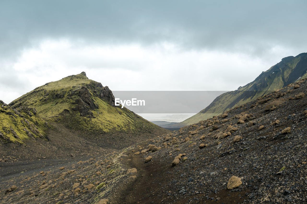 View of amazing landscape in iceland while trekking famous laugavegur trail