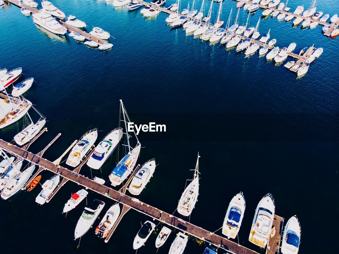 High angle view of boats moored in sea