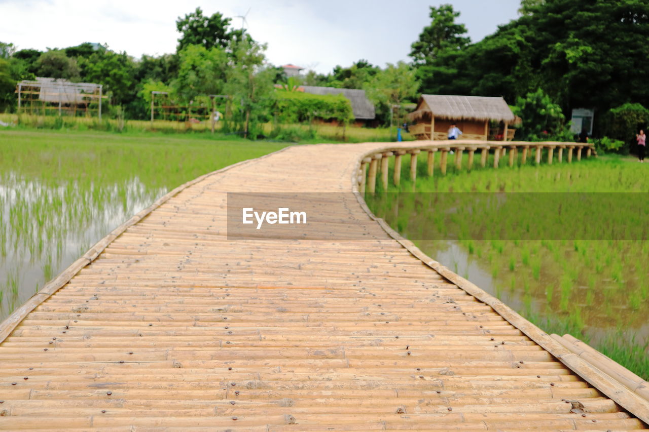 Boardwalk on field against sky