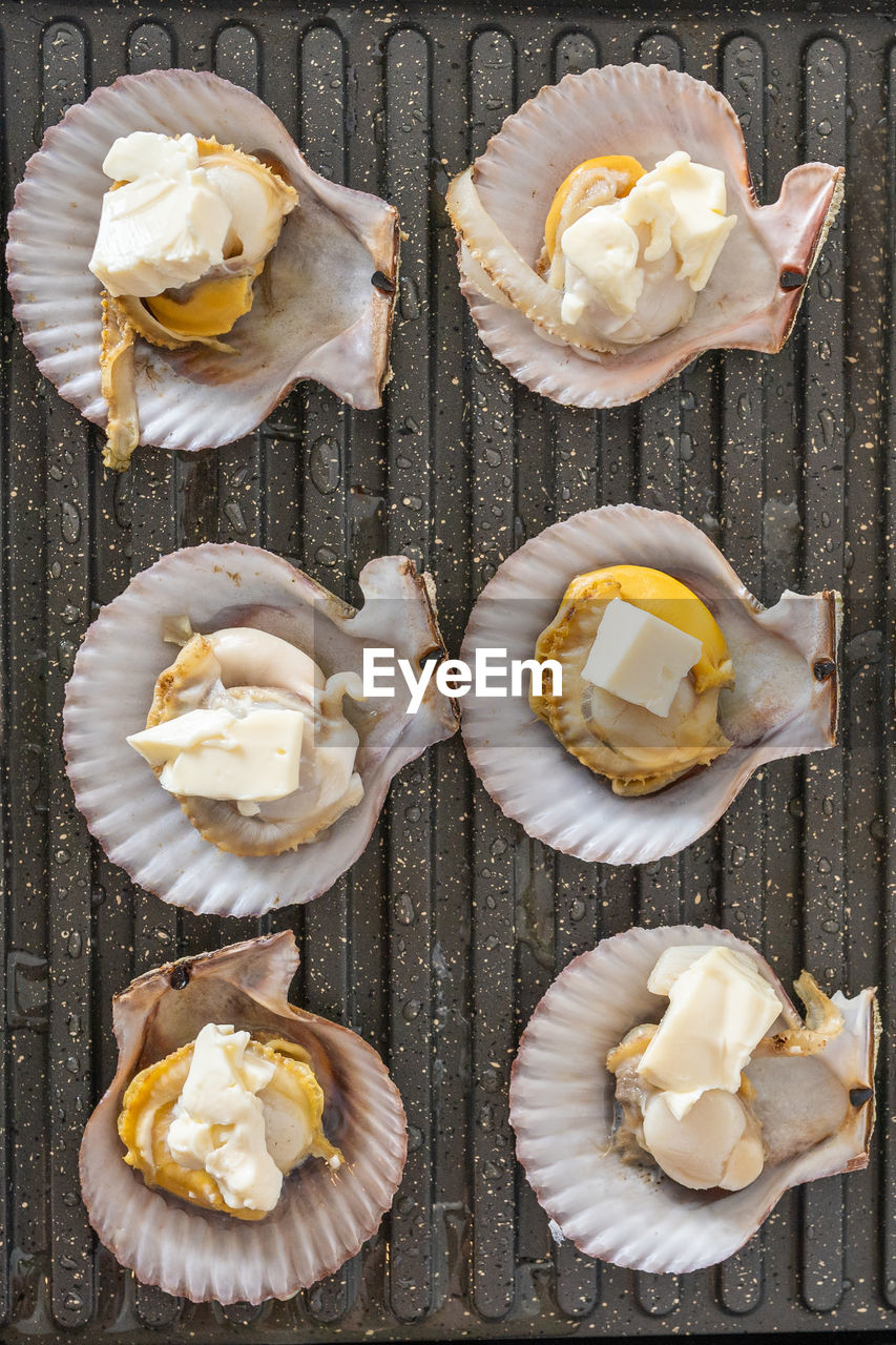 Close up photo of fresh scallops on electric grilling pan