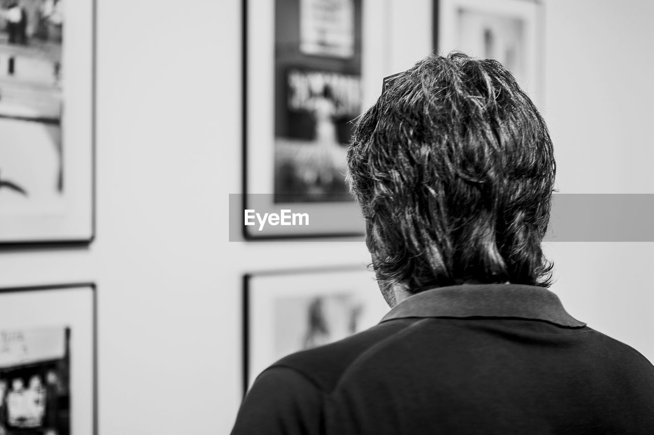 Rear view of man looking at paintings in art museum