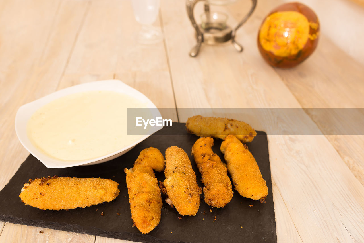 High angle view of food in plate on table