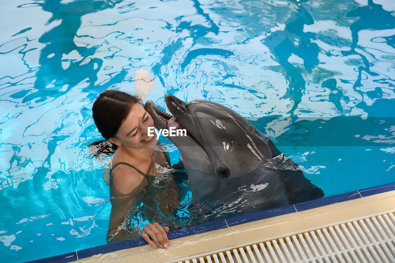 High angle view of smiling young woman with dolphin swimming in pool