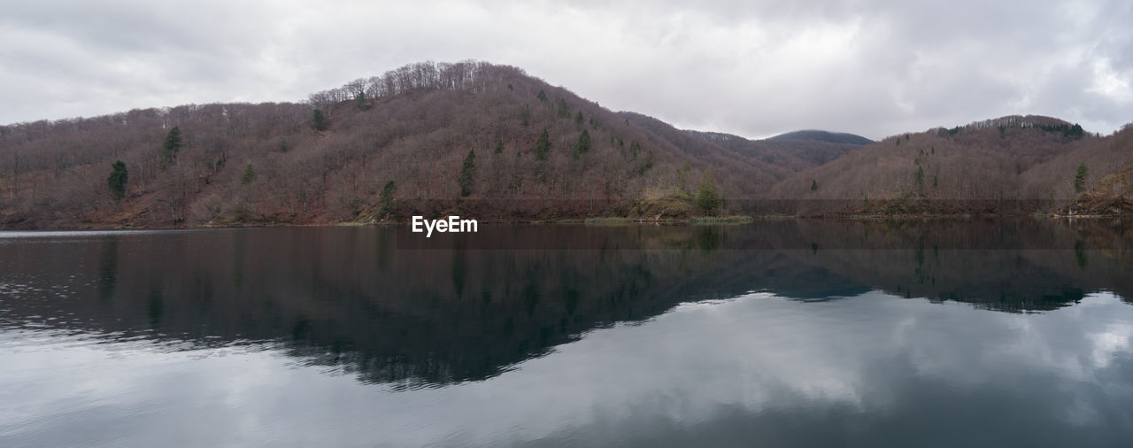 REFLECTION OF TREES IN LAKE AGAINST SKY