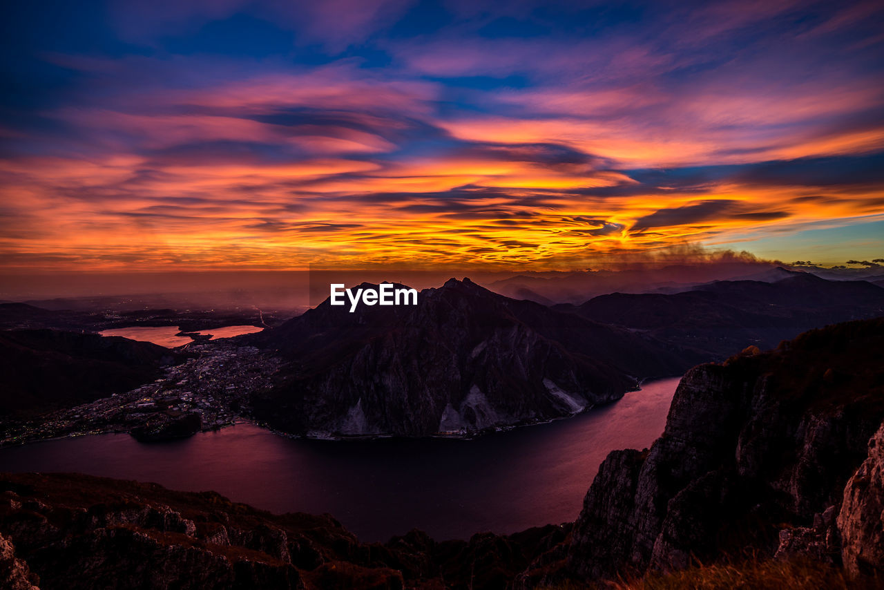 Scenic view of mountains against sky during sunset