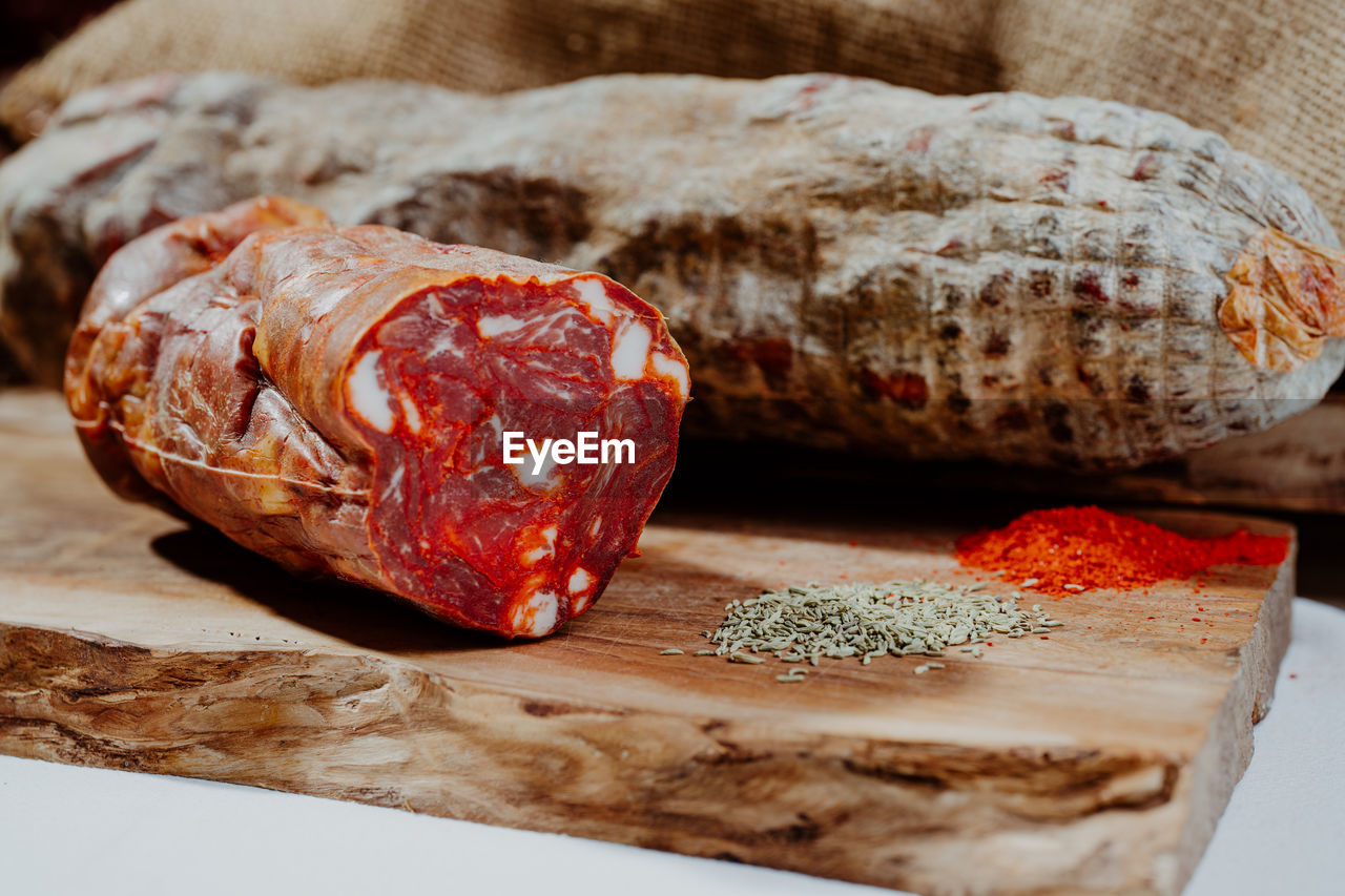 close-up of meat on cutting board