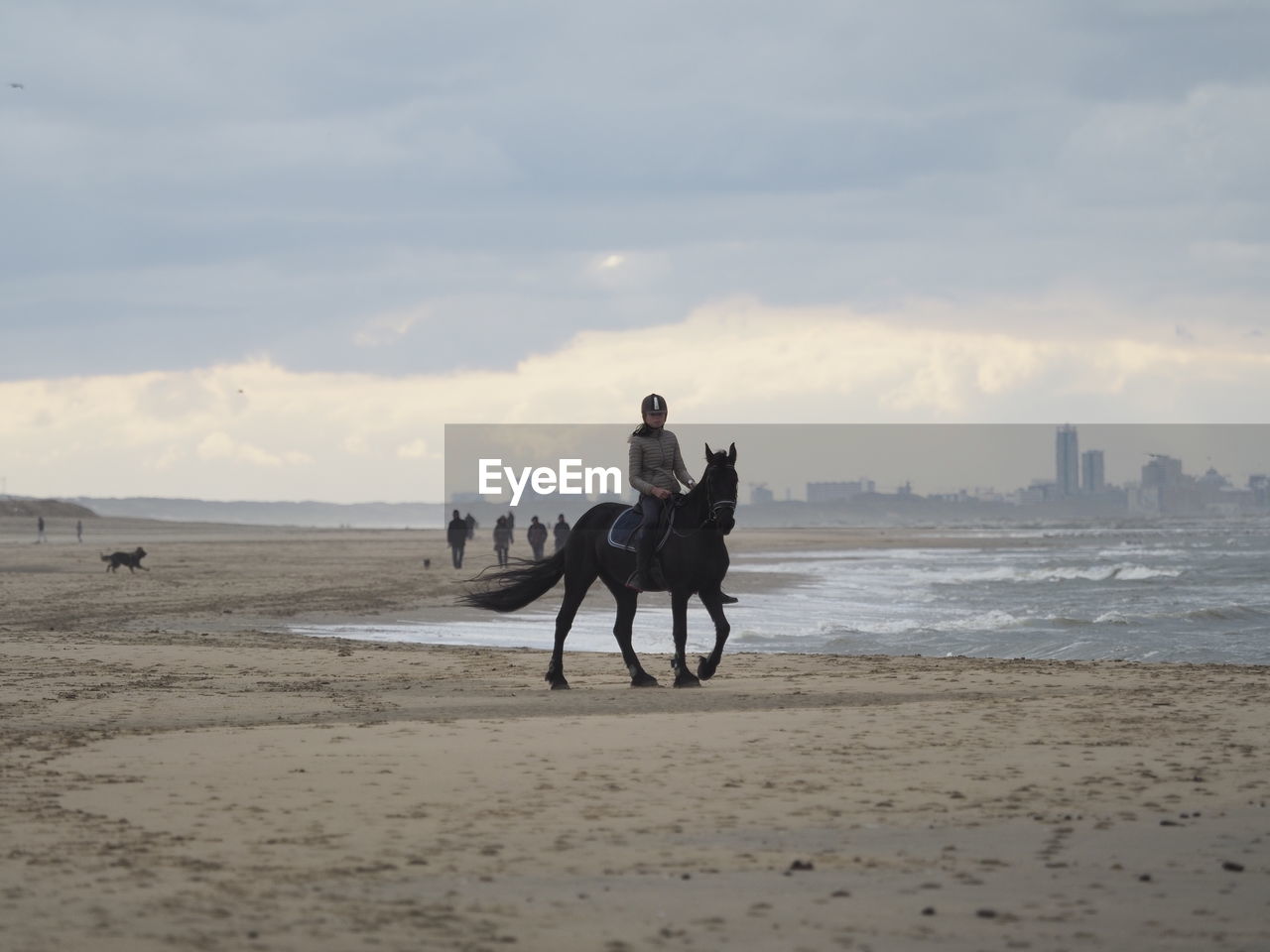 MAN WITH HORSE ON BEACH AGAINST SKY