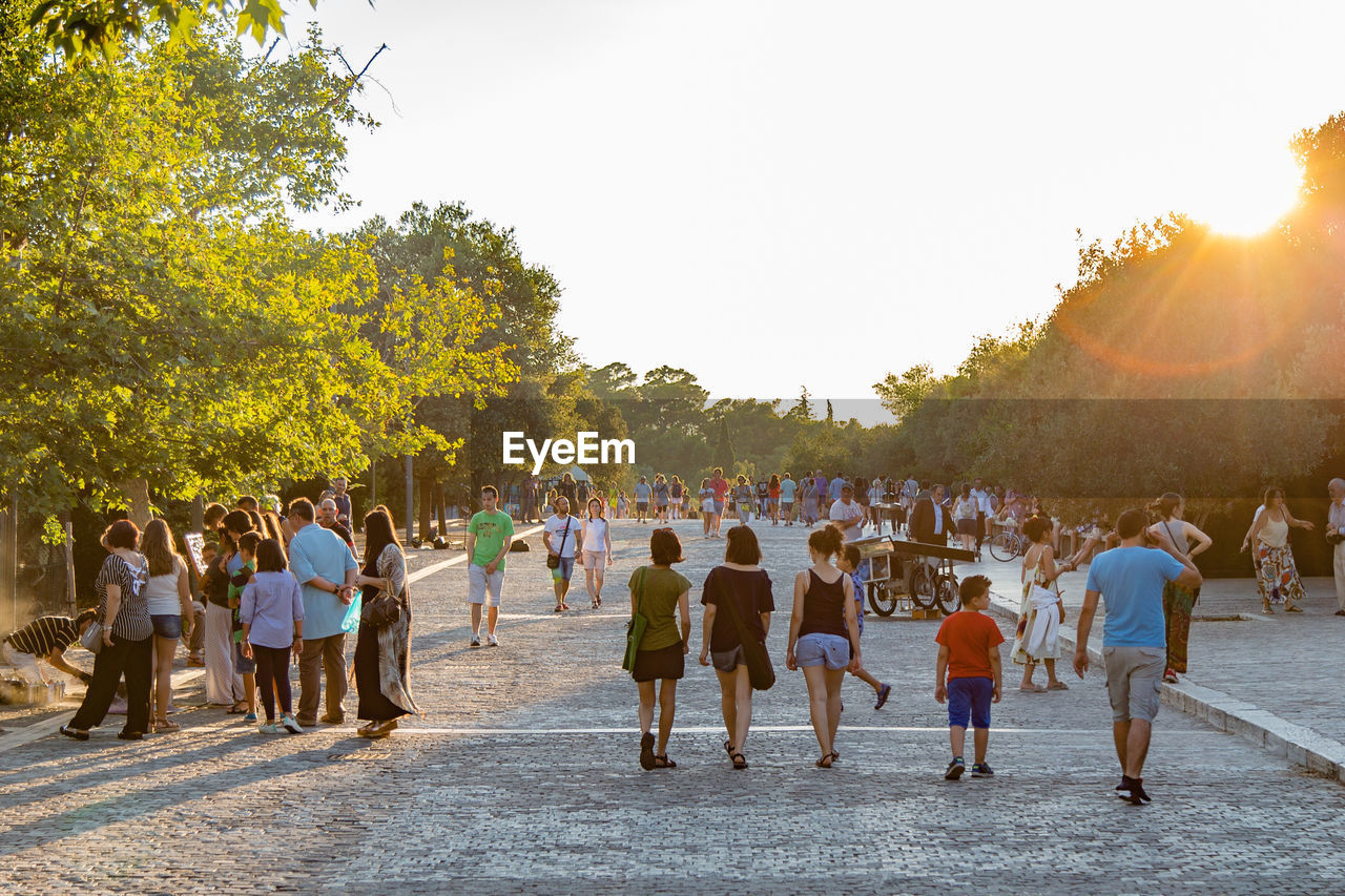 People walking on street amidst trees