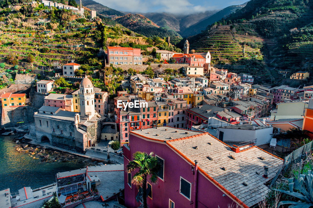 High angle view of houses in town