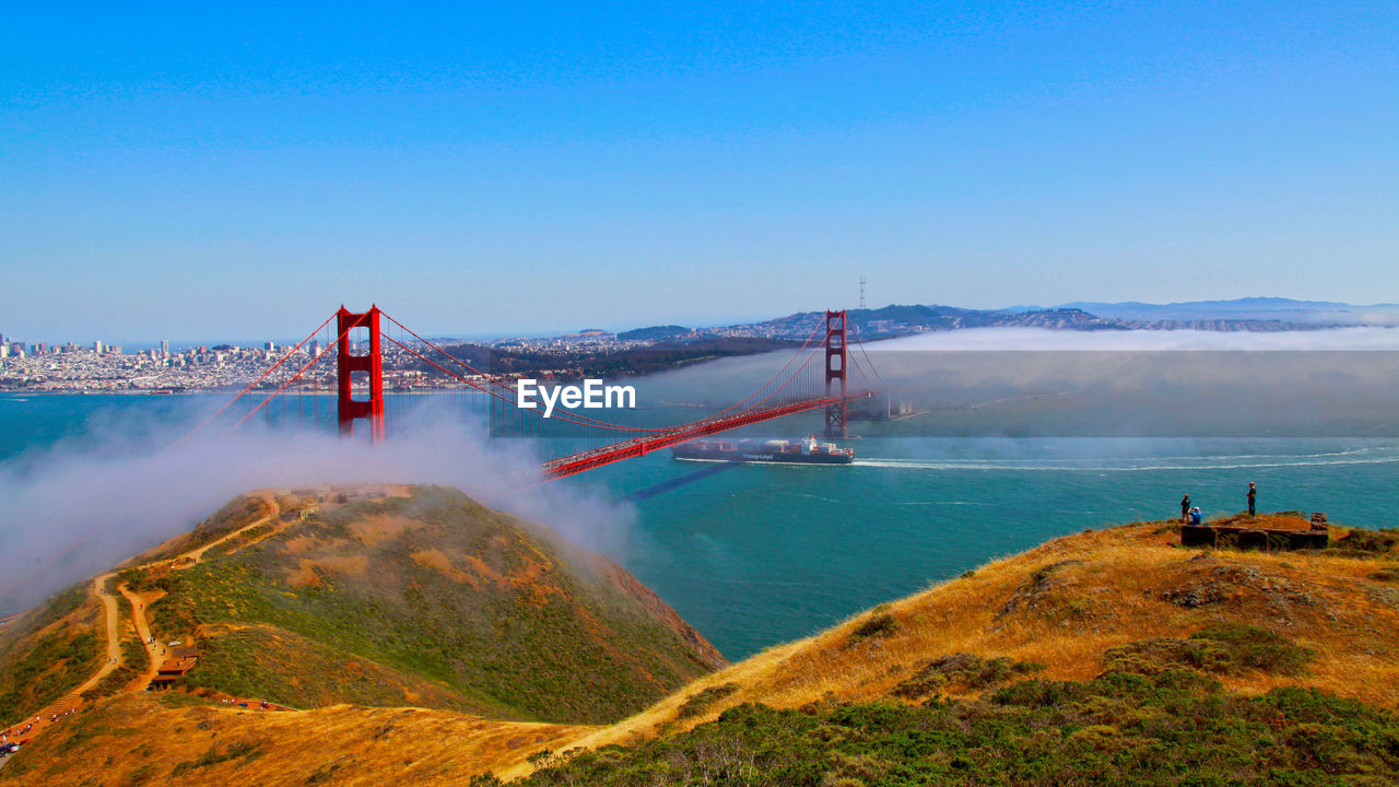 Scenic view of suspension golden gate bridge against clear sky