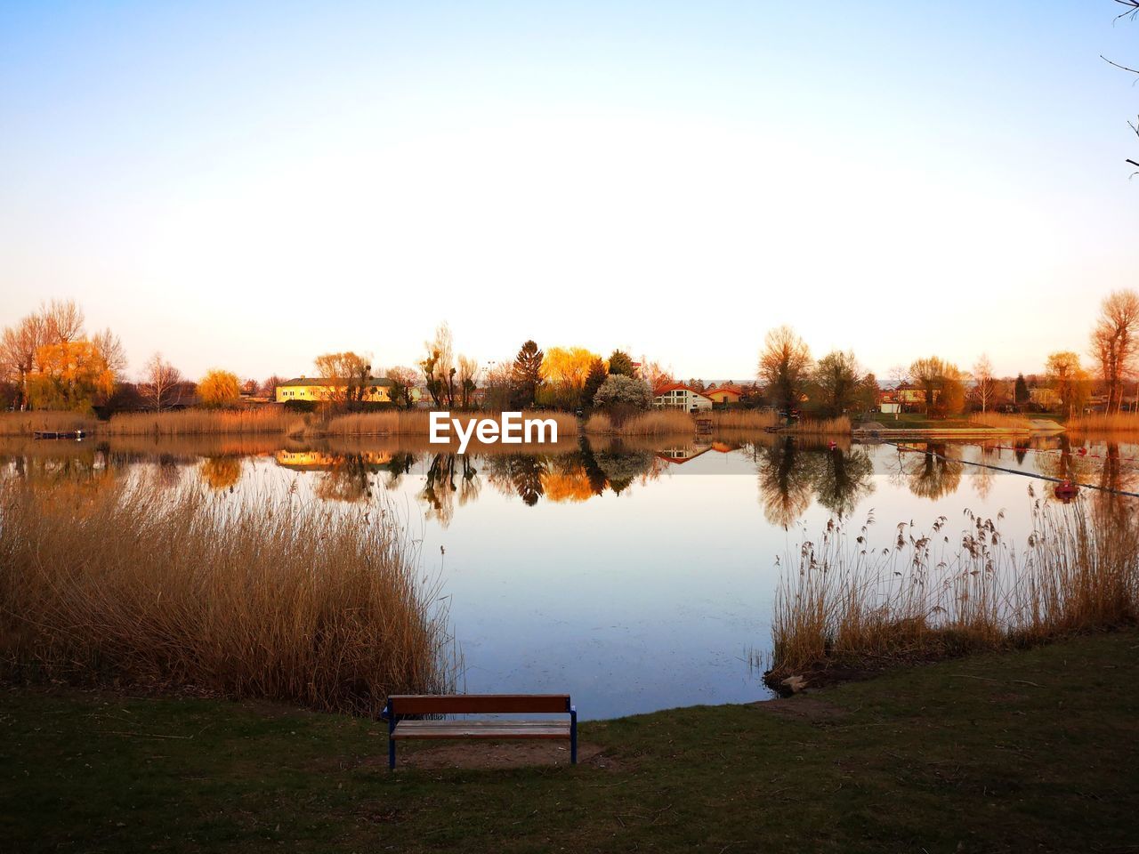 Scenic view of lake against clear sky