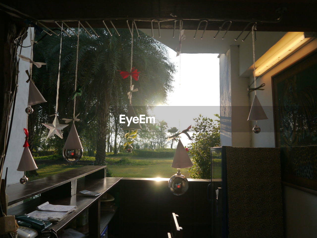 Decorated room with tree and sky in background