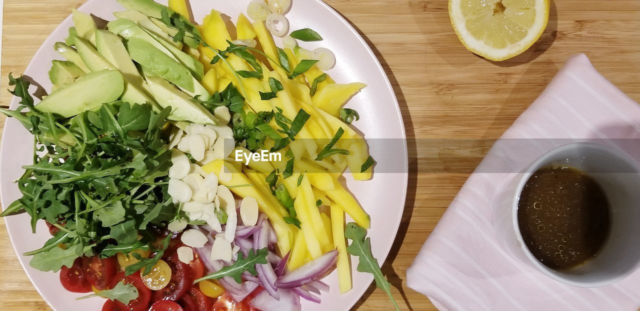 Directly above shot of salad in plate on table