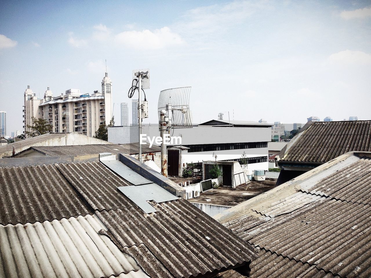 High angle view of cityscape with corrugated iron sheet roof