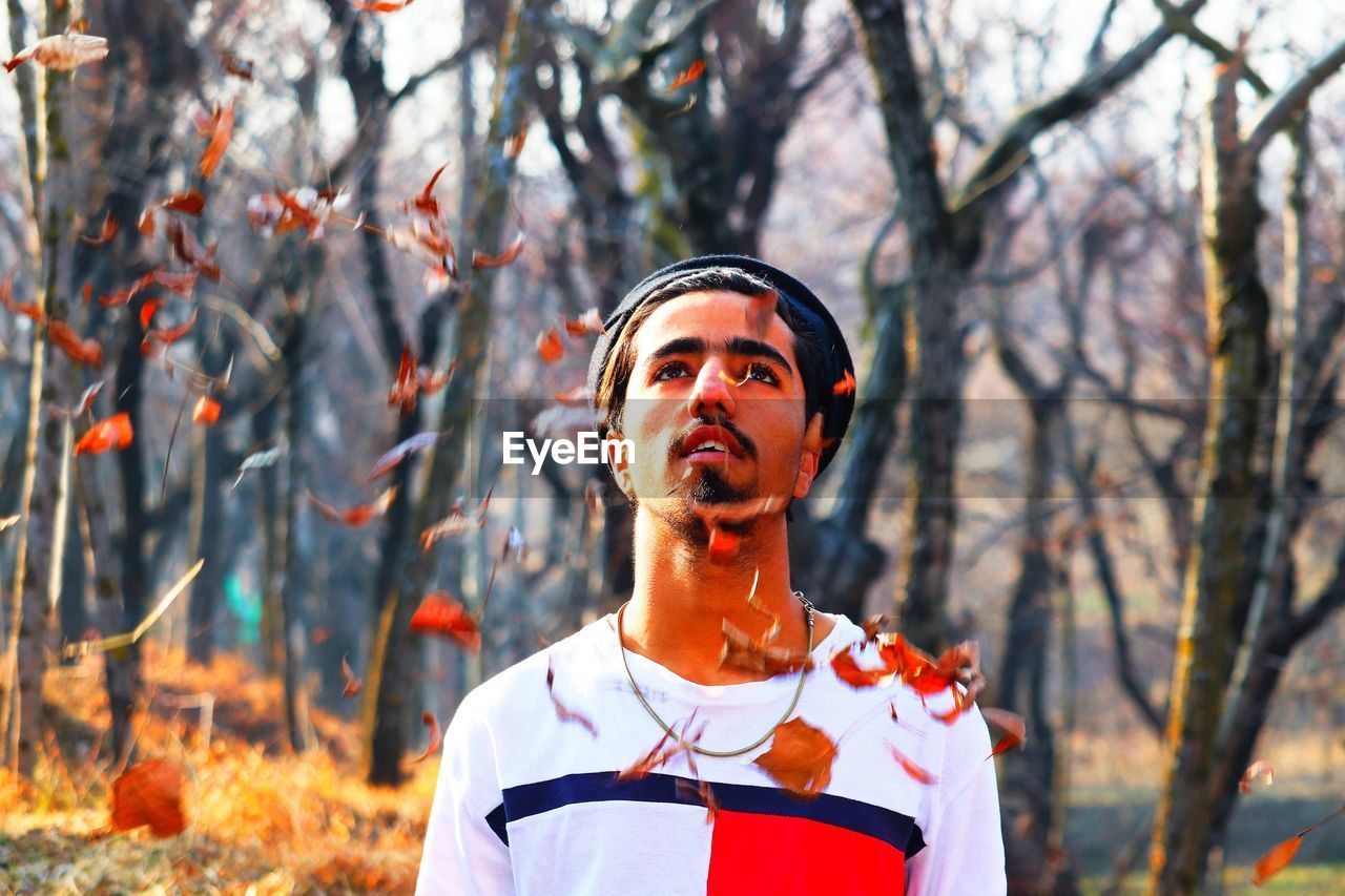  young man looking up at leaves falling in forest