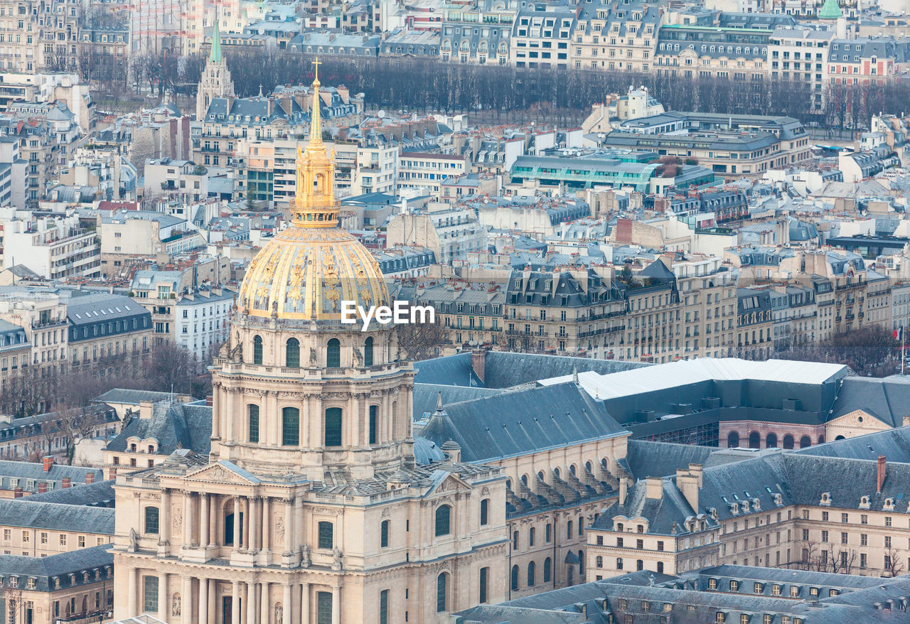 Golden cupola of les invalides . central 7th arrondissement of paris . aerial view of paris downtown