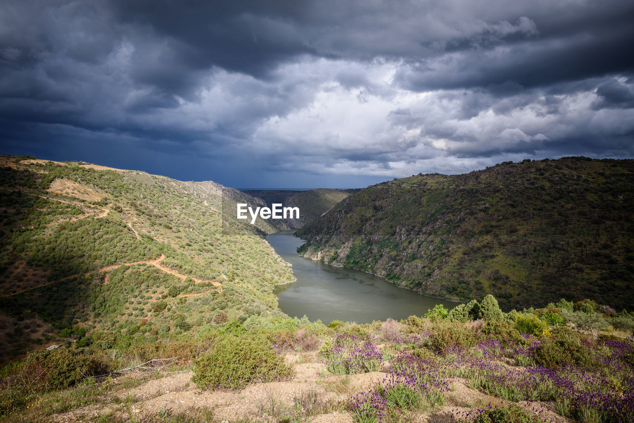 Scenic view of river amidst mountains against sky