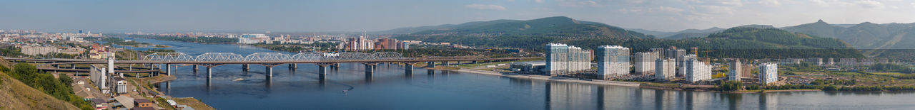 Panorama of a large city located on both banks of a wide river. summer day