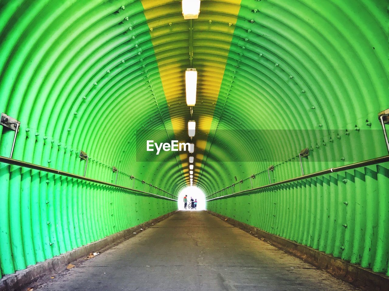 Road in green metallic tunnel