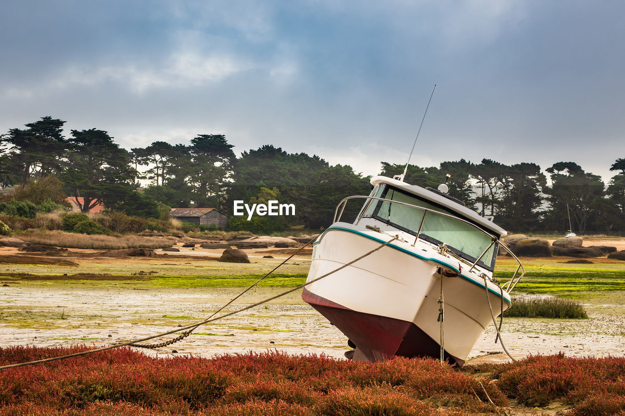 Boat moored on field against sky