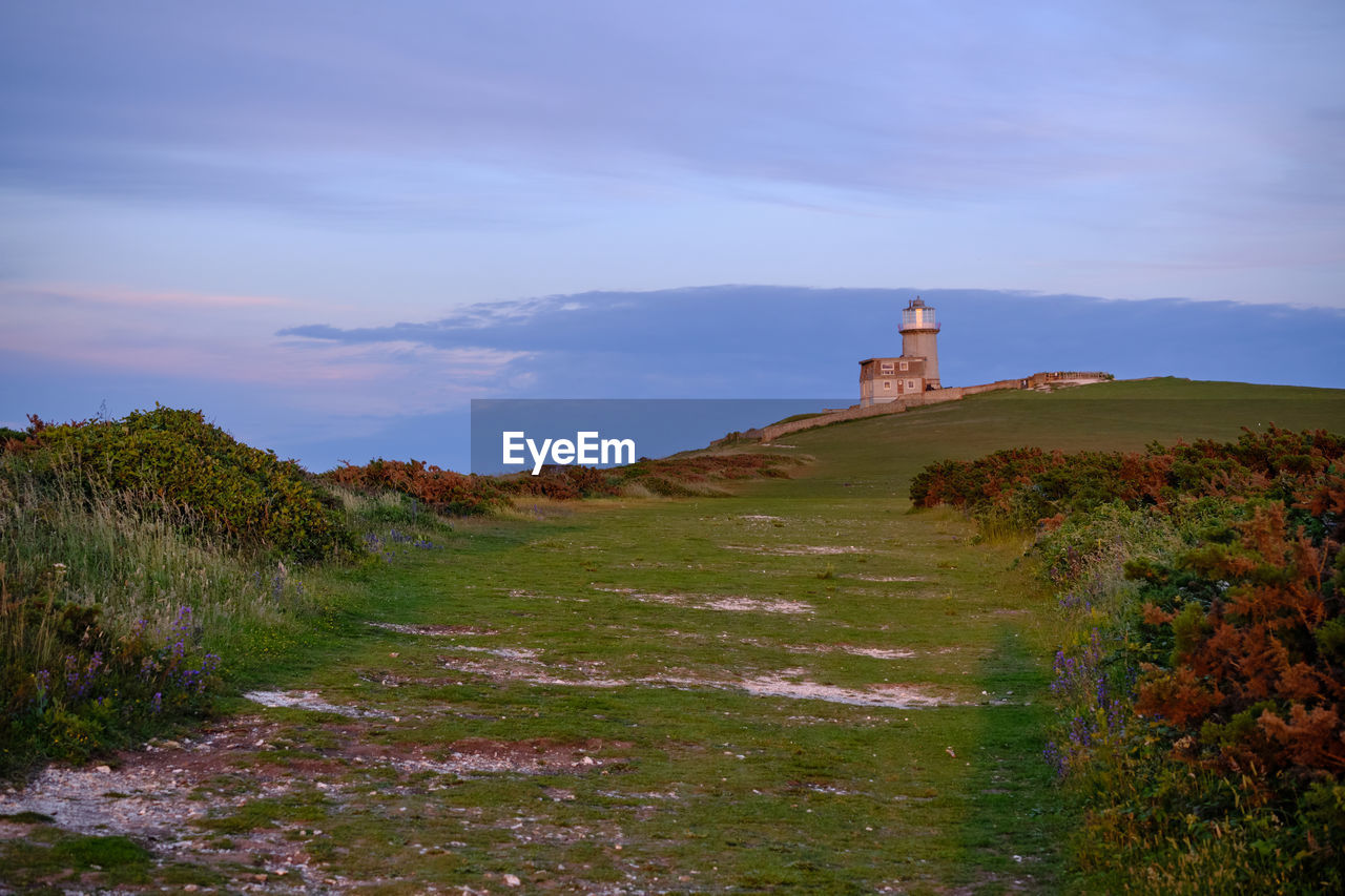 Belle tout lighthouse at beachy head on south downs, chalk. near eastbourne east sussex, england uk