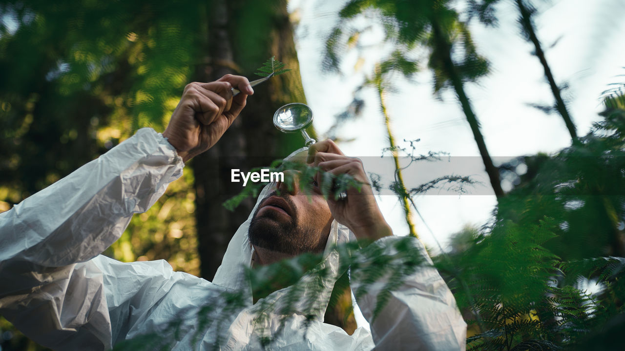 Biologist scientist analyzes the leaves of an endangered plant in the mountains