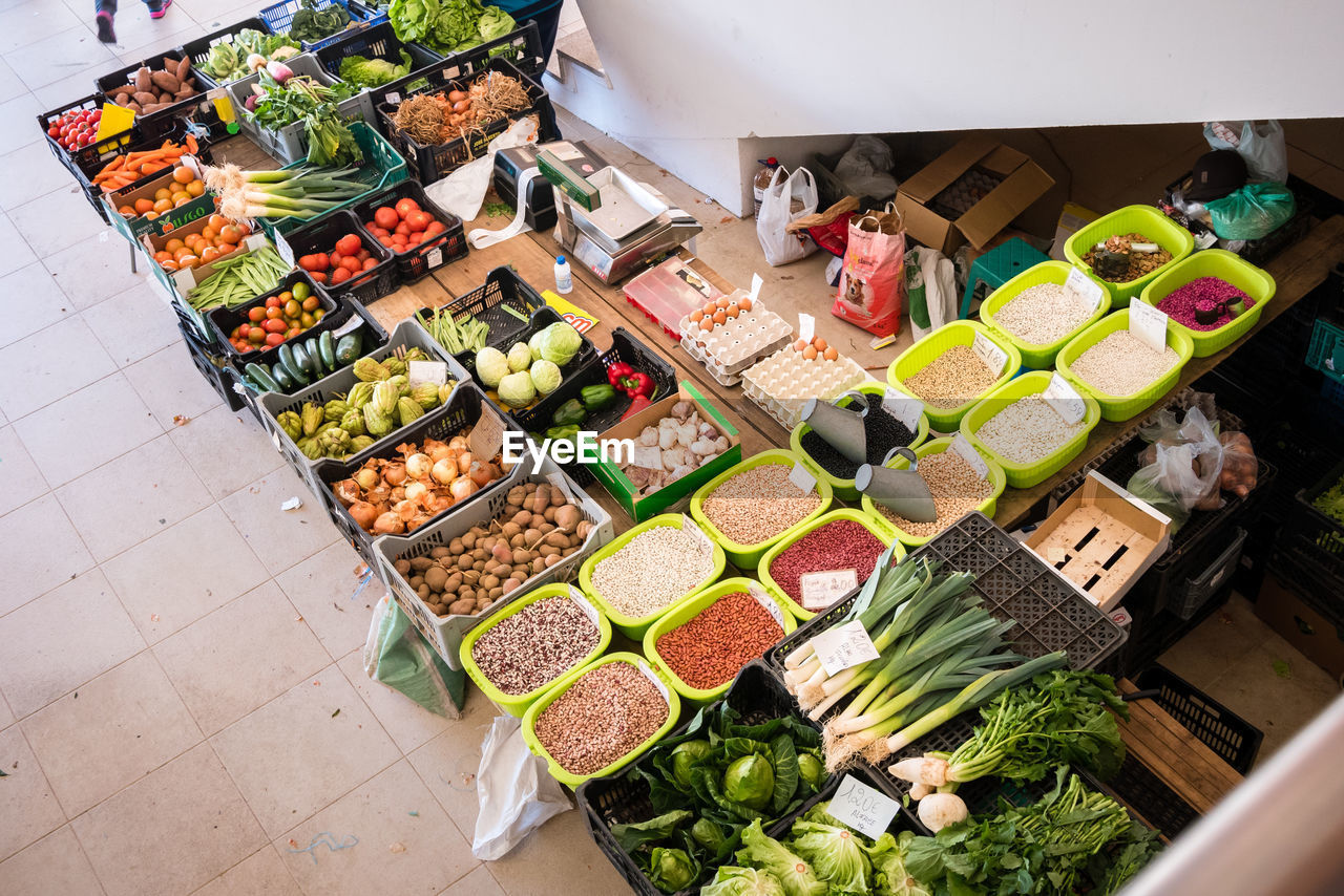 High angle view of fruits and vegetables for sale in market