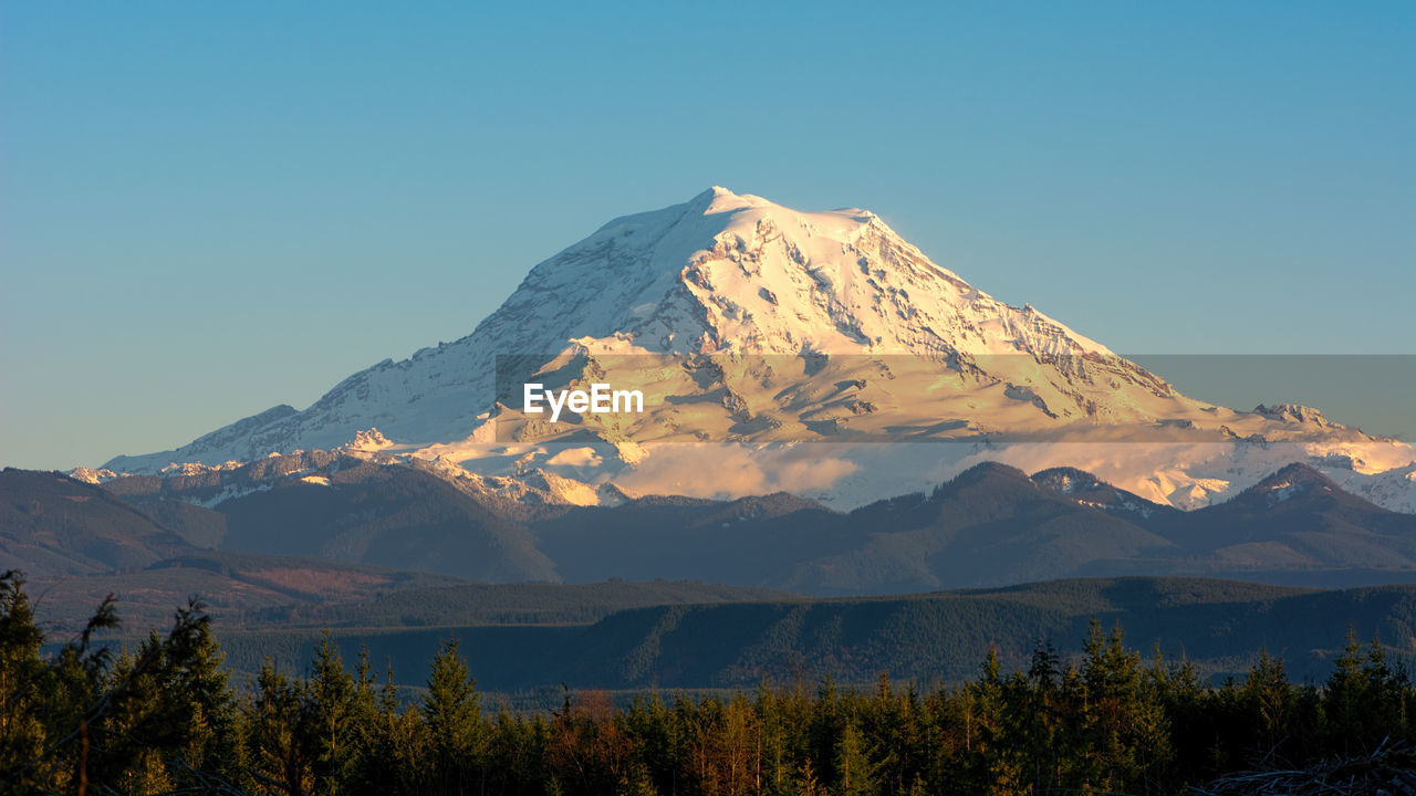 Majestic view of snowcapped mountain against clear blue sky