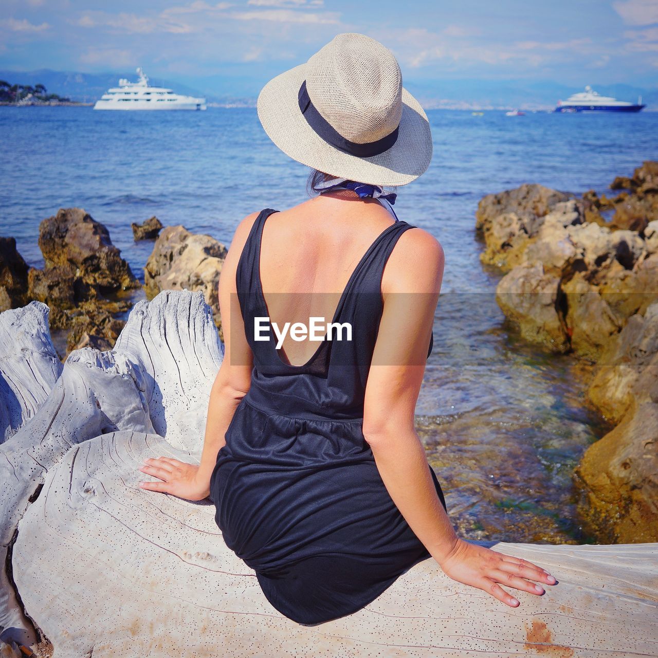 Rear view of woman sitting on driftwood at beach