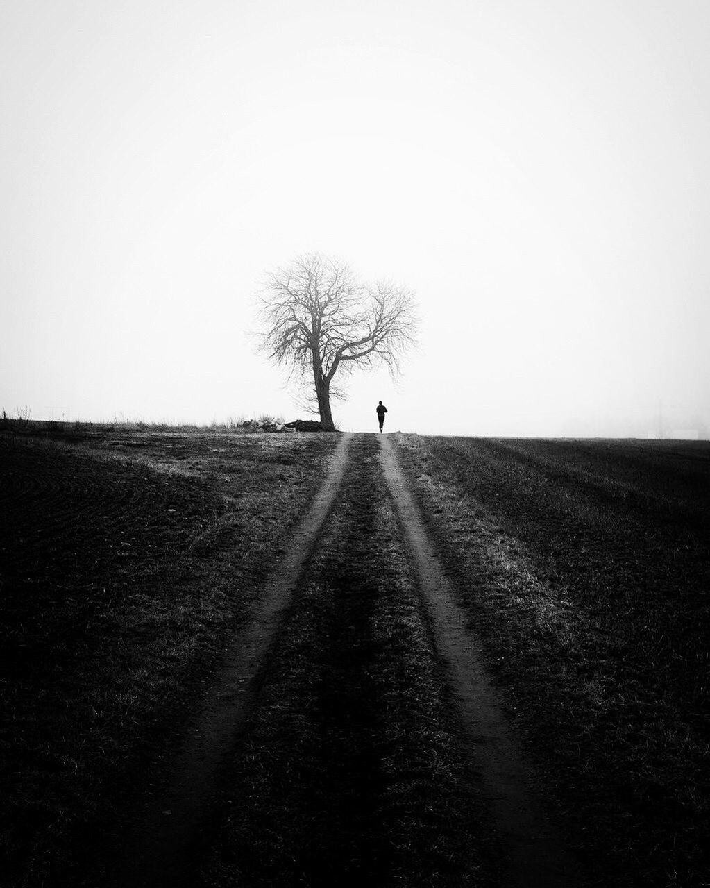 MAN WALKING ON ROAD IN FIELD