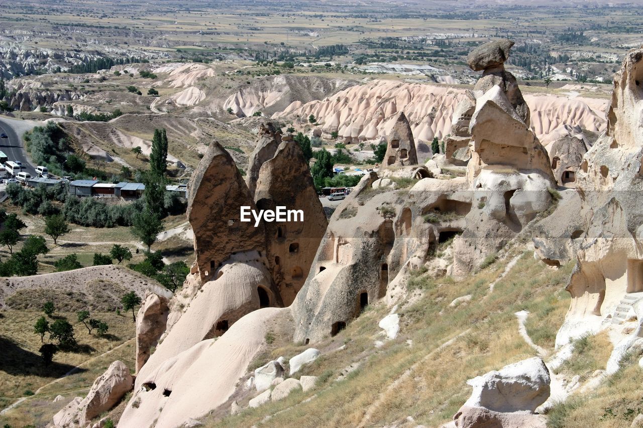 High angle view of rocks at uchisar castle