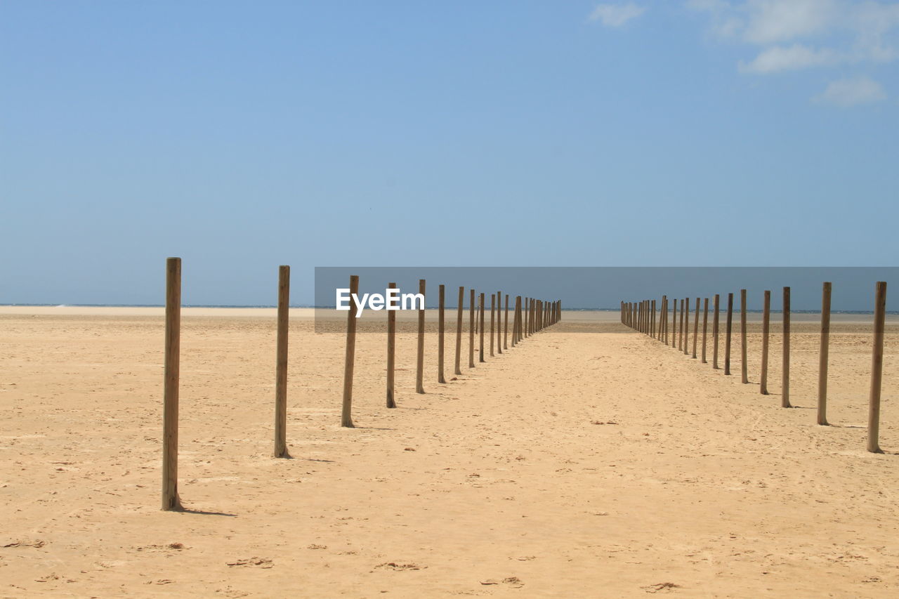 WOODEN POSTS ON BEACH